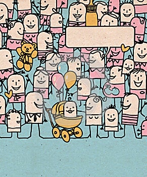 Cartoon Happy People Crowd and New Born Baby