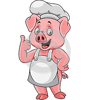 Cartoon happy pig chef giving a thumb up