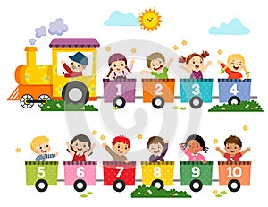 Cartoon of happy preschool kids with the train numbers. Card for learning numbers