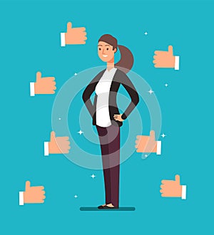 Cartoon happy proud businesswoman leader with many thumbs up hands. Business acknowledgement and customers voting vector photo