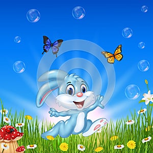 Cartoon happy rabbit running with beautiful nature background