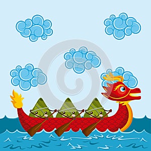 Cartoon happy rice dumplings paddling red dragon boat
