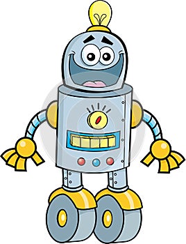 Cartoon happy robot with wheels for feet.
