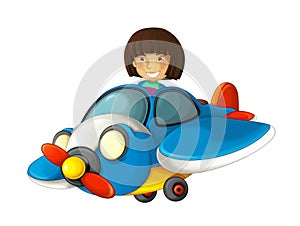 Cartoon happy scene with kid girl in toy traditional plane with propeller flying