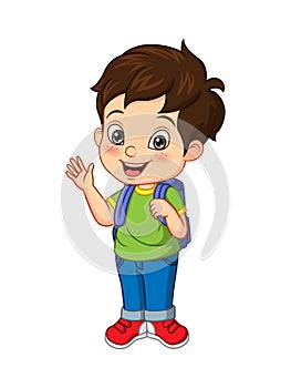 Cartoon happy school boy waving hand