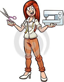 Cartoon happy seamstress woman holding a pair of scissors and a sewing machine