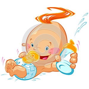 Cartoon happy smiling baby boy holding milk bottle and dummy