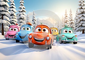 Cartoon with happy smiling cars racing in the forest. AI generated