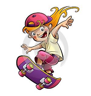 Cartoon happy smiling kid girl with skateboard in sport mood