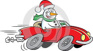 Cartoon happy snowman driving a sports car.