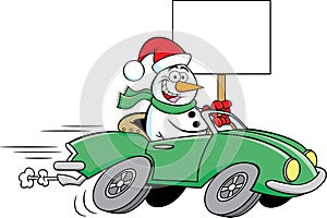 Cartoon happy snowman driving a sports car while holding a sign.