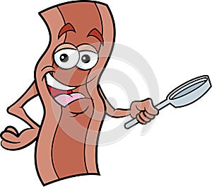 Cartoon happy strip of bacon holding a frying pan.