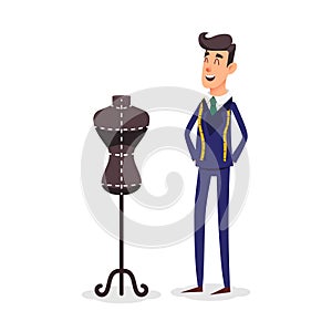 Cartoon happy tailor couture with a centimeter ribbon around his neck. Fashion designer standing near the dummy