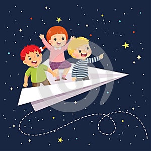 Cartoon of happy three kids flying on the paper airplane in the starry sky at night