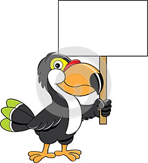Cartoon happy toucan holding a large sign.