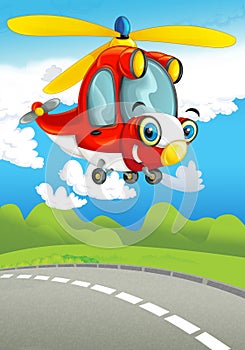 Cartoon happy traditional fire fighter helicopter smiling and flying over
