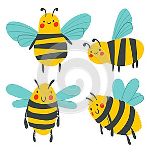 Cartoon happy wasp isolated on white background collection. Vector childish bee illustration. Cute flat insect set perfect for