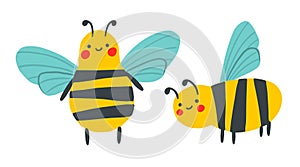 Cartoon happy wasp isolated on white background collection. Vector childish bee illustration. Cute flat insect set perfect for