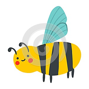 Cartoon happy wasp isolated on white background. Vector childish bee illustration. Cute flat insect perfect for textile, sticker,