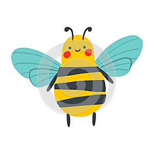 Cartoon happy wasp isolated on white background. Vector childish bee illustration. Cute flat insect perfect for textile, sticker,