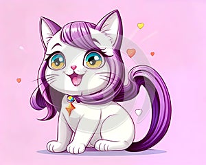 Cartoon happy white long purple hair kitty cat smiling comedy