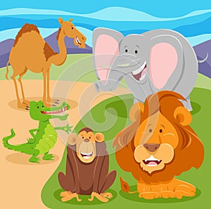 cartoon happy wild safari animal characters group