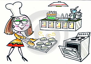 Cartoon of happy woman baking scones in kitchen