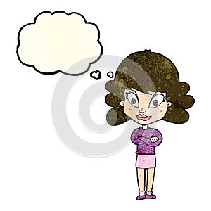 cartoon happy woman with folded arms with thought bubble