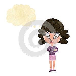 cartoon happy woman with folded arms with thought bubble