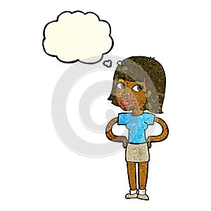 cartoon happy woman with hands on hips with thought bubble