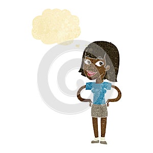 cartoon happy woman with hands on hips with thought bubble