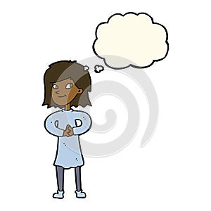 cartoon happy woman with thought bubble