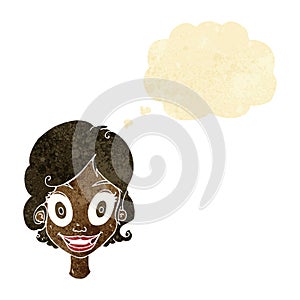 cartoon happy woman with thought bubble