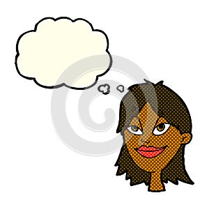 cartoon happy woman with thought bubble