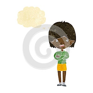 cartoon happy woman with thought bubble