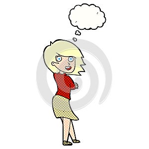 cartoon happy woman with thought bubble