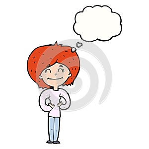 cartoon happy woman with thought bubble