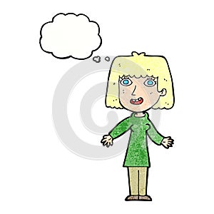 cartoon happy woman with thought bubble