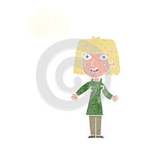 cartoon happy woman with thought bubble