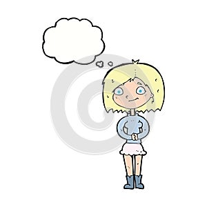 cartoon happy woman with thought bubble