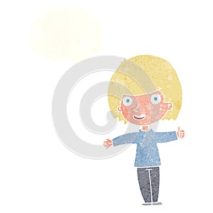 cartoon happy woman with thought bubble