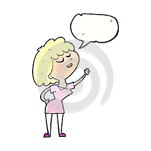 cartoon happy woman about to speak with speech bubble