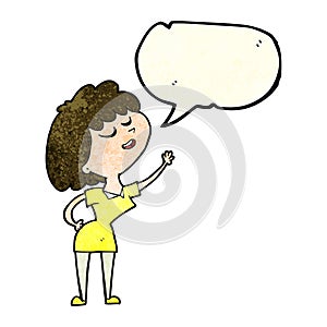 cartoon happy woman about to speak with speech bubble