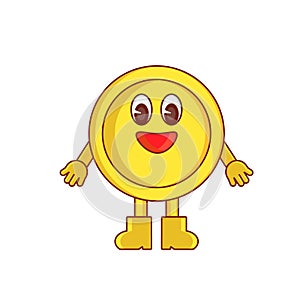 Cartoon happy yellow coin illustration. Study financial literacy.