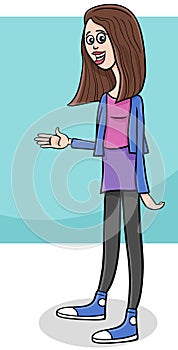 cartoon happy young woman character waving her hand