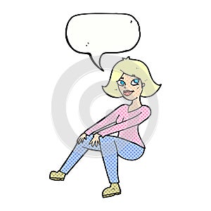 cartoon happywoman sitting with speech bubble