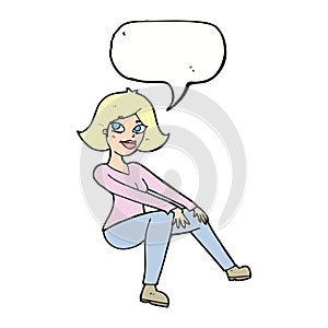 cartoon happywoman sitting with speech bubble