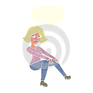 cartoon happywoman sitting with speech bubble