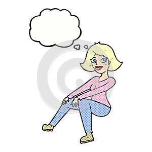 cartoon happywoman sitting with thought bubble