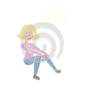 cartoon happywoman sitting with thought bubble